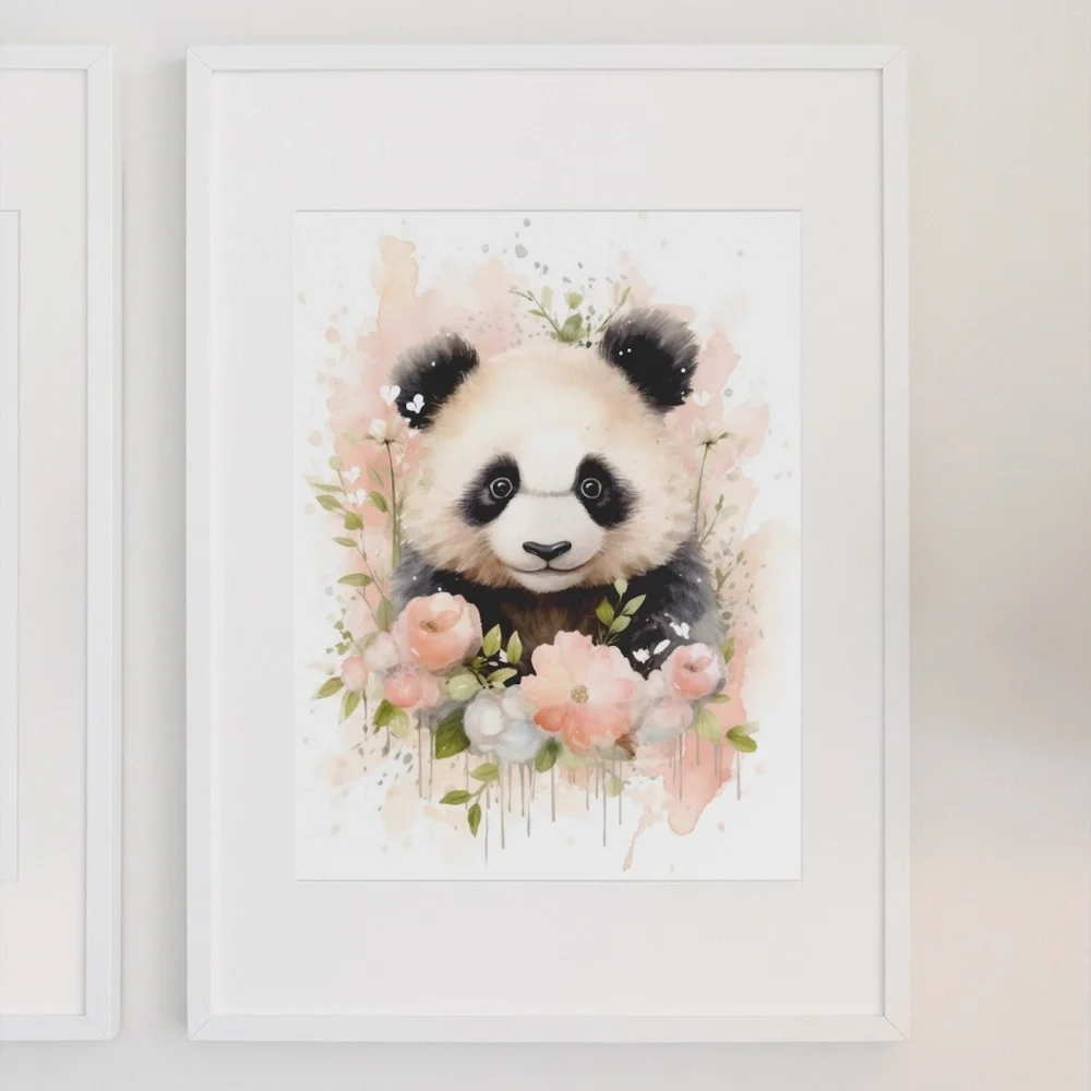 Watercolor Panda Bear With Flowers Portrait Wall Art Illustration Print Unframed - Picture 3 of 6